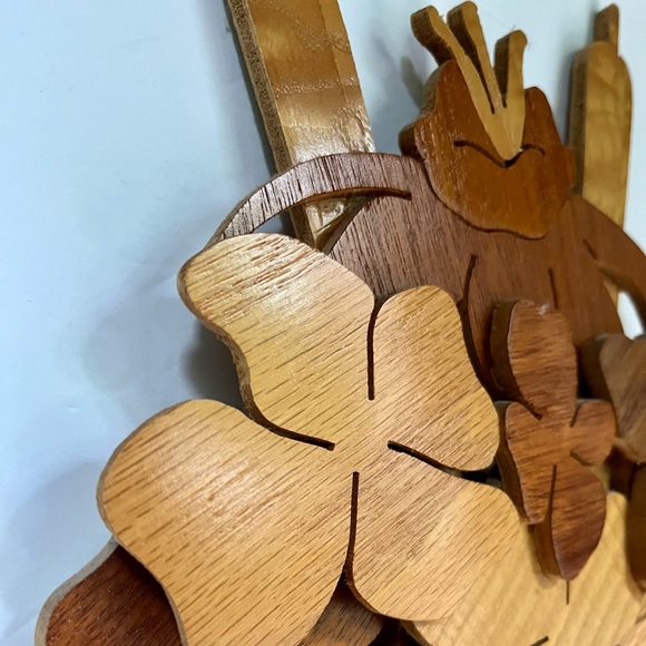 VTG Mixed Wood Handcrafted 70s Wall Art Flowers Cattails Boho Decor Mahogany - Picture 2 of 6